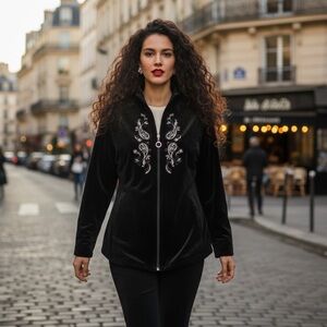 Alia Black Velvet Jacket Gold Paisley Embroidery Zip Up Size LP